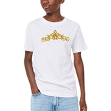 Cosplay Sequins Venetiaans Kant Strijk Applicatie Patch Goud op een wit t-shirt
