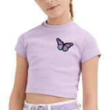 Vlinder Strijk Embleem Patch Lichtroze Zwart op een lila t-shirtje