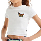 Vlinder Strijk Embleem Patch Oranje Zwart op een wit t-shirtje