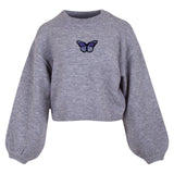 Paars Lila Zwarte Vlinder Strijk Embleem Patch op een grijze sweater