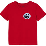 Panda Beer Strijk Applicatie Embleem Patch op een rood t-shirtje