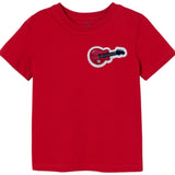 Gitaar Strijk Embleem Patch Lederlook Rood op een rood t-shirtje