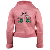 Flamingo Strijk Embleem Patch Rechts samen met de linker variant p de rugzijde van een roze jas
