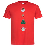 Kerstboom Strijk Embleem Patch Zilver samen met andere kerst patches op een rood t-shirt
