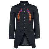 Rood Gele Paillette Paradijs Vogel XXL Strijk Embleem Patch 2 samen met de rechter variant op een zwarte Goth jas