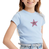 Smiley Ster Strijk Embleem Patch Glitter Licht Roze op een lichtblauw t-shirtje