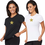 Ster Sterren Glitter Strijk Applicatie Patch Goud op zowel een zwart als wit t-shirtje