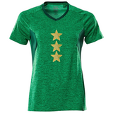 Drie maal de Ster Sterren Glitter Strijk Applicatie Patch Goud op een groen glimmend t-shirt