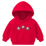 Drie maal de Ster Zwarte Rand Glitter Strijk Embleem Patch op een kleine rode hoodie