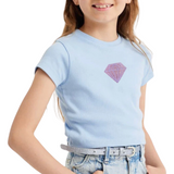 Diamant Strijk Embleem Patch Glitter Roze op een lichtblauw t-shirtje