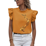 Bloesem Bloemen Tak Strijk Embleem Patch Geel op een oranje shirtje