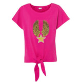 Vleugel Paillette Engel Vleugels L Strijk Applicatie Patch Set Goud op een fuchsia roze shirtje samen met een gele paillette ster patch