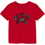 Pioen Wilde Rozen Tak Strijk Embleem Patch op een rood t-shirtje