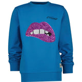Mond Tand Bijt Op Lip XL Paillette Strijk Patch Applicatie Roze op een blauwe sweater
