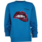 Mond Tand Bijt Lip XL Paillette Strijk Patch Applicatie Rood Roze op een blauwe sweater