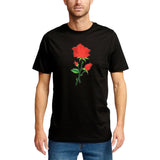 Rode Roos Op Steel XL Strijk Embleem Patch op een zwart t-shirt