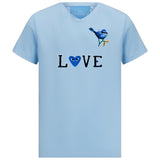 Vogel Vogeltje Tak Strijk Embleem Patch Blauw op een lichtblauw t-shirtje samen met strijk letters en blauw hartje