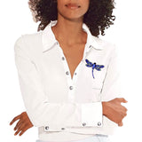 Broche Sierspeld Libelle Dragonfly Blauw op een witte blouse