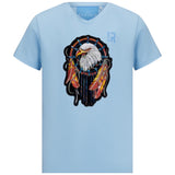 Adelaar Eagle Zee Arend Dromenvanger XXL Strijk Embleem Patch op een lichtblauw t-shirt