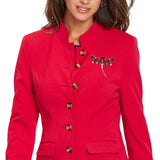Broche Sierspeld Libelle Dragonfly Rood op een rode colbert jas