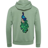 Pauw Vogel Paillette XXXL Strijk Embleem Patch op de rugzijde van een groene hoodie