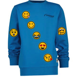 Emoji Smiley Ooh Nee Emotie Strijk Embleem Patch samen met andere emoji strijk patches op een blauwe sweater