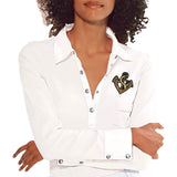 Anker Paillette Strijk Embleem Patch op een witte blouse