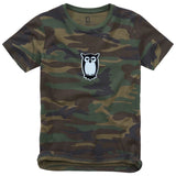 Uil Uilen Zwart Wit Strijk Embleem Patch op een klein t-shirtje met camouflage print