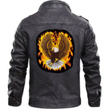 Adelaar Arend Eagle Vlammen Vuurzee XXL Strijk Embleem Patch op de rugzijde van een zwart leren jas