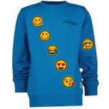 Emoji Smiley Fuck You Middelvinger Strijk Embleem Patch samen met andereemoji strijk patches op een blauwe sweater