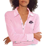 Bloem Roosje Strijk Embleem Patch op een roze blouse