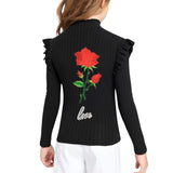 Love Paillette Tekst Strijk Embleem Patch Zilver samen met een XL roos strijk patch op de achterzijde van een zwartte blouse