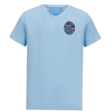 Denim Spijkerstof Strijk Embleem Patch Ovaal op een lichtblauw t-shirtje