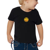 Ronde Gele Emoji Smiley Strijk embleem Patch Genieten op een klein zwart t-shirt