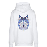Wolf Artistiek Strijk Applicatie op de rugzijde van een witte hoodie