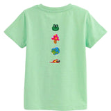 Meteoor Strijk Embleem Patch samen met een vos kikker paddestoel en aarde strijk patch op een groen t-shirtje