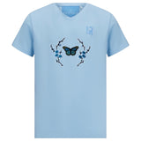 Bloesem Vlinder Blauw Strijk Embleem Patch Set op een blauw t-shirtje