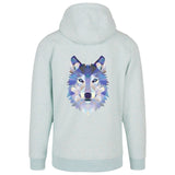 Wolf Artistiek Strijk Applicatie op de rugzijde van een lichtblauwe hoodie
