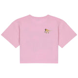 Vogel Vogeltje Broche Sierspeld op een roze t-shirtje
