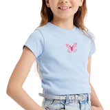 Vlinder Paillette Strijk Embleem Patch Roze Wit op een lichtblauw t-shirtje