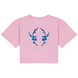 Bloemen Bloesem Blauw Strijk Embleem Patch Set op een roze t-shirt