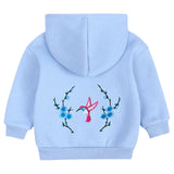 Bloesem Kolibrie Strijk Embleem Patch Set op de rugzijde van een klein blauwe baby hoodie