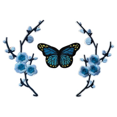 Bloesem Vlinder Blauw Strijk Embleem Patch Set