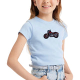 Motor Brommer Bromfiets Strijk Embleem Patch Rood op een lichtblauw t-shirtje