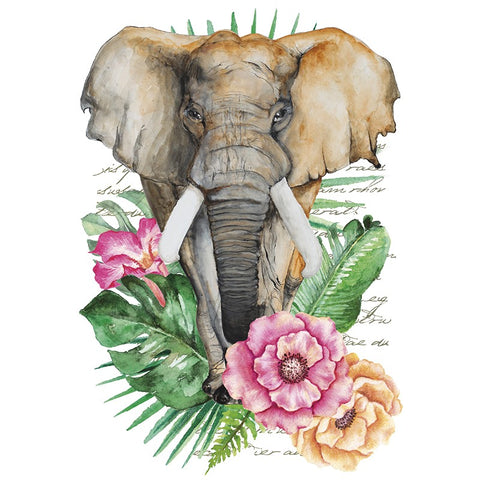 Applicatie van een lopende Afrikaanse olifant met slagtanden met tropische planten en bloemen