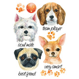 Applicatie van vier verschillende honden rassen met leuke teksten en poot afdruk applicaties die je los van elkaar kunt gebruiken