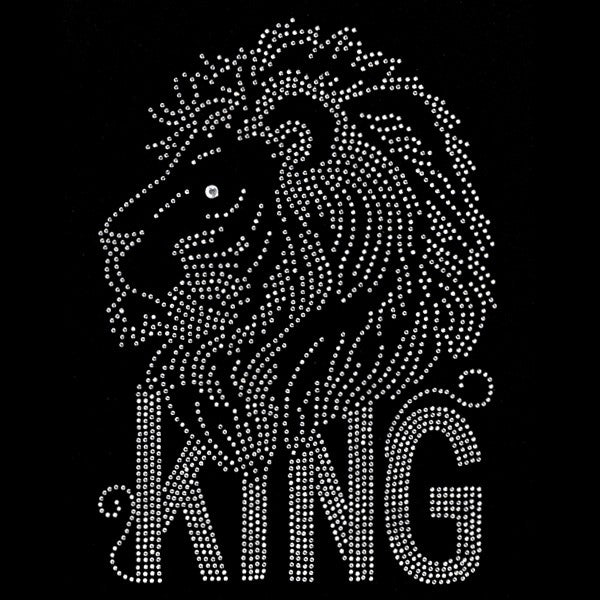 Leeuw Strass Strijk Applicatie Met King Tekst op een zwarte ondergrond