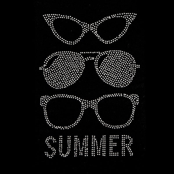 Strijk Strass Steentjes Applicatie van drie zonnebrillen en een summer tekst strass applicatie op een zwarte ondergrond