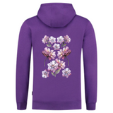Pioen Wilde Roos Anemoon Bloem Full Color Strijk Applicatie op de rugzijde van een paarse hoodie