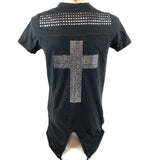 Hot Fix Rhinestone Strass Kruis Strijk Applicatie op een lang zwart shirt